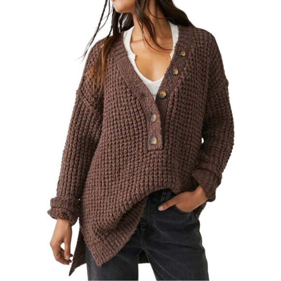 Free People Oversized Whistle Thermal Henley Sweater Brown - Picture 1 of 13